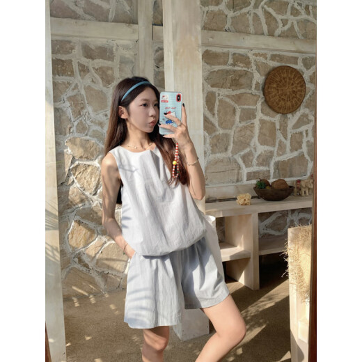 荣西图（RONGXITU）多巴胺少女两件套无袖背心配高腰阔腿短裤显瘦 9719杏绿色上衣 2XL