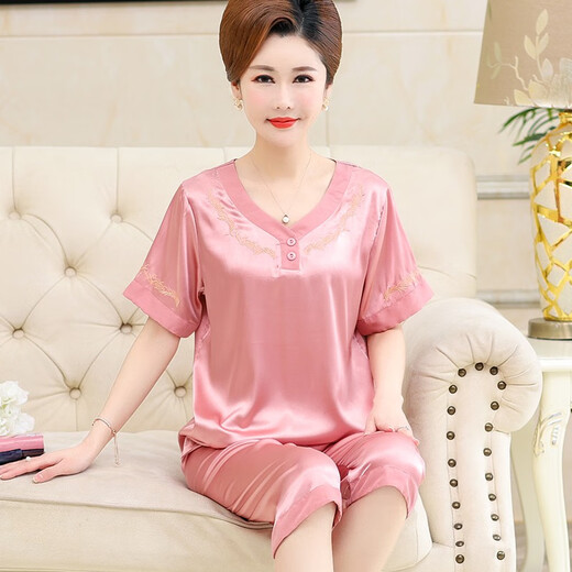 
Modal middle-aged mother ice silk thin style summer middle-aged and elderly women silk. Silk short-sleeved pajamas and women's home clothes set 683 bean paste (cross sleeve trousers) L [recommended 80-100 Jin [Jin equals 0.5 kg]]