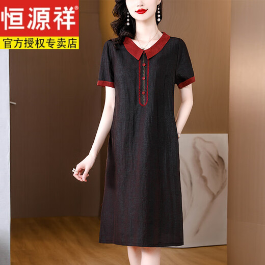 恒源祥杭州真丝连衣裙女夏季新款短袖宽松显瘦香云纱复古妈妈桑蚕丝裙子 6625D红色100%桑蚕丝 L 95-110斤