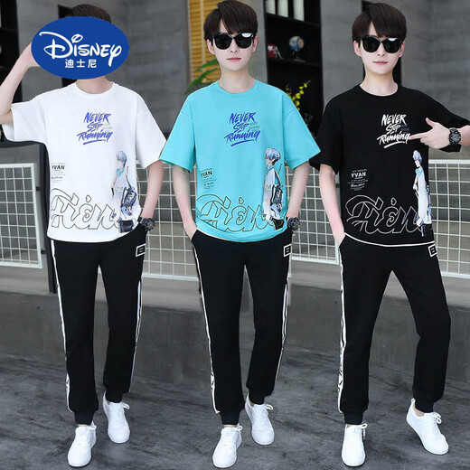 迪士尼（Disney）夏季青少年短袖t恤男孩衣服高中初中学生大童夏装帅气运动套装潮 白灰色 套装TZ9226款 180 XL【100-120斤】