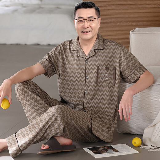莫代尔中老年人男睡衣夏季薄款纯棉短袖长裤中年爸爸家居服全棉套装大码 5012 3XL