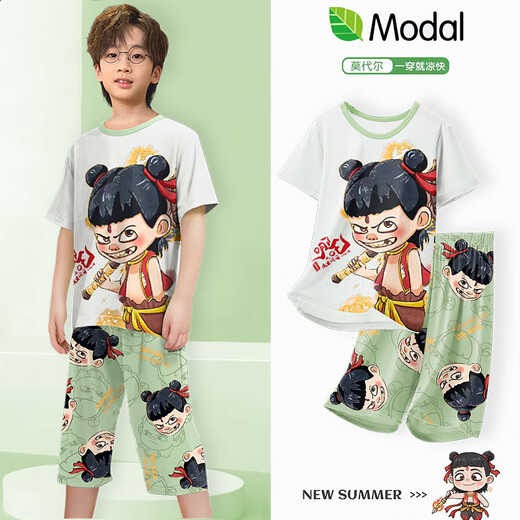 七分裤儿童睡衣莫代尔薄款夏季大童小男孩短袖家居服哪吒2025新款 1H--ST-12401 170 18码(150-155)cm