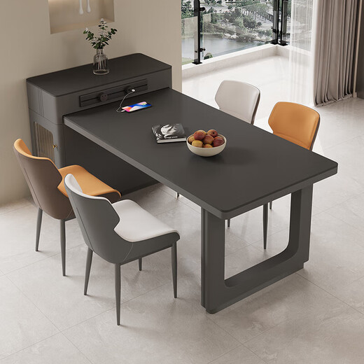 Yaogan cream style slate island table, dining table and tea table, one-piece retractable small-sized high-end home restaurant center table, 12mm slate, fixed socket, regular flat model, 1.4 meters, 1 table, 4 plush chairs
