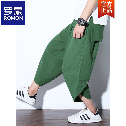 ROMON Summer Linen Cropped Pants Men's Trendy Large Size Bloomers Thai Wide-Legged Carrot Pants Loose Casual Harem Pants K602 Black M (90-120Jin[Jin equals 0.5 kg])