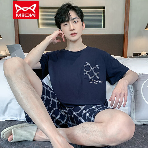 猫人（MiiOW）男士睡衣男款夏季薄款短袖短裤加肥加大码中青年可外穿家居服套装 9928# L 【建议100-120斤】