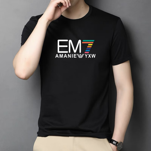 Armani summer men's ice silk short-sleeved T-shirt men's color printed large-size casual sports base shirt AM753 black M 90-120Jin [Jin equals 0.5 kg]