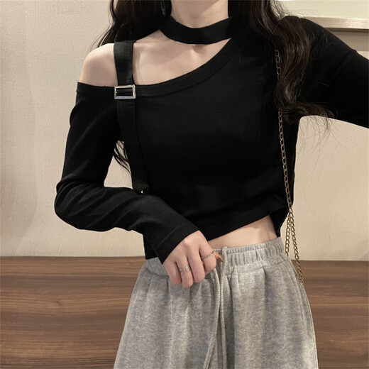 Rongxitu (Rongxitu) Nischen-Frauen-One-Shoulder-Strick-Top-Kurzkoranversion 2025 11303 Schwarz One Size (70-125jin [Jin Equals gonstrichs 0,5 kg] kann getragen werden)