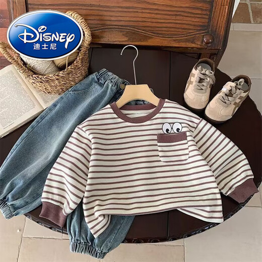 迪士尼（Disney）儿童长袖T恤新款条纹宽松卡通印花儿童打底衫春秋款上衣男童 S829[黑色] 90码[适合身高85cm左右] 均码