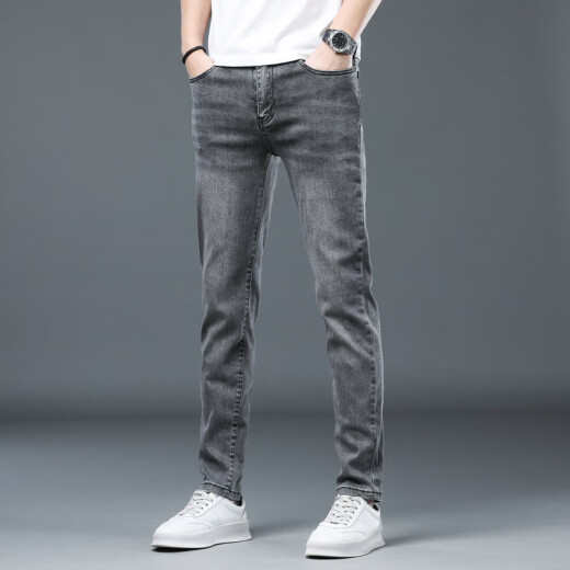 ZHIDOUDOU high-end slim jeans men's simple and atmospheric small feet pants men's trendy brand gray versatile elastic pencil 1049 ash 28 (2 feet 1)100Jin [Jin equals 0.5 kg]