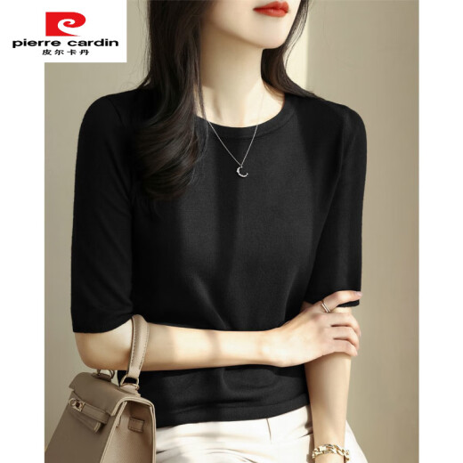 皮尔卡丹（pierre cardin）薄款一字夏季款圆领百搭宽松打底法式针织上衣针织衫五分中袖修身 黑色 854#中袖 针织衫 S 80-100斤穿