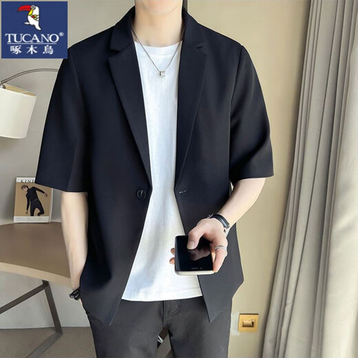 啄木鸟（TUCANO）结婚礼服微胖男生显瘦穿搭夏季短袖西服套装男大码半袖小西服男装 黑色西服+白色短T恤+黑色裤子 5XL 建议180-210斤穿