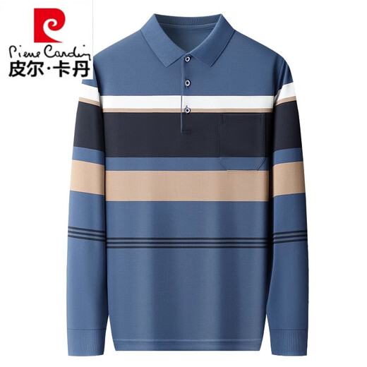 Pierre Cardin Langarmed T-Shirt für Männer mittleren Alters 100% Baumwoll-Revers Casual Striped Real Pocket Dad Herbst Basis Hemd Top W723 Khaki M 165 (Empfohlen 90-120 Jin [Jin gleich 0,5 kg]))