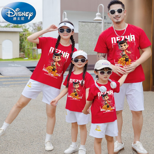 Disney's special Internet celebrity Nezha high-end parent-child clothing summer family of three and four 2025 new trendy pure cotton T-shirt suit red front silver gun single top 100 boys