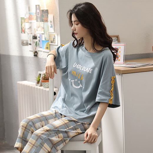 
Caiyun Kali short-sleeved pajamas for women in summer 2025 new cropped pants for women in summer large-size home clothing set for outdoor wear 9203 L spot: (105-120Jin [Jin equals 0.5 kg]) [Soft and skin-friendly #2#