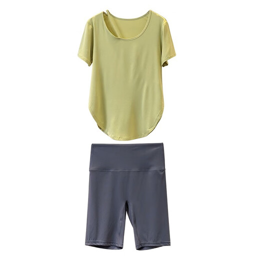 Baichao Yoga Suit Women's Summer Gym Loose Slim Covering Sports Running Pilates Top Cycling Fitness Clothes White Short Sleeves + Cocoa Color Five-Feng Pants S (Recommended 75-95Jin Jin equals 0.5kg)