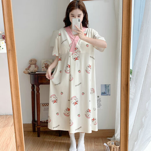 Cao Jingjia summer short-sleeved pregnant women's nightgown with chest pad pregnancy pajamas 2025 new style hospitals can wear breastfeeding skirts outside when entering the delivery room QSY16819 short-sleeved skirt XL size Recommended weight 120-135 Jin [Jin equals 0.5 kg]