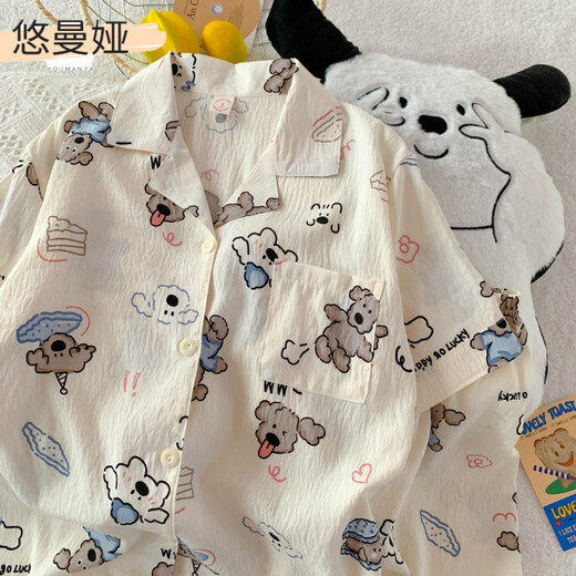Youmanya pajamas for women in summer loose Korean version cute happy dog student girl cartoon dormitory casual home clothes can be worn outside 1105 Melody and Katie Cat-Yunduo Cotton Short Sleeve M (80-95Jin[Jin equals 0.5 kg])