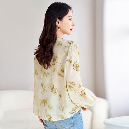 源头工厂夏季新灯笼长袖衬衫女真丝双绉100%桑蚕丝衬衣打底衫9926 绿卡色 均码 M(90-115斤)
