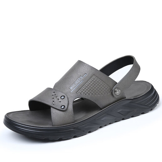 Dadong (dusto) sandals men's trendy 2025 summer outer wear thick-soled non-slip casual beach shoes men's soft leather breathable dual-purpose slippers gray 11155 38
