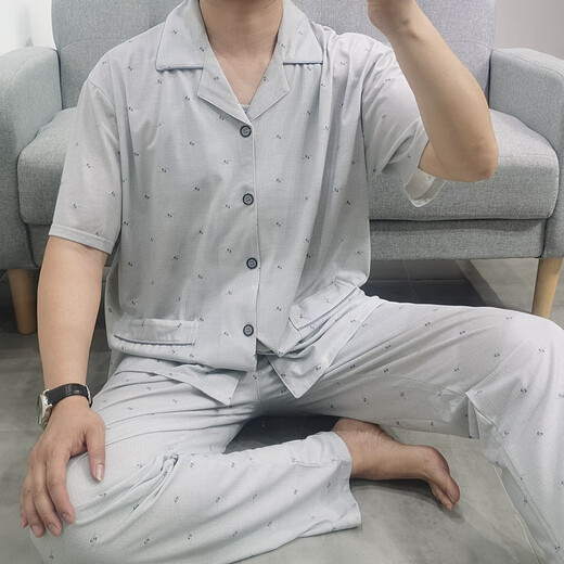 Manson Snow Lotus Extra Large Size 300 Jin [Jin equals 0.5 kg] Pajamas Men's Summer Short-Sleeved Home Suit Clothes Loose and Cool Fat Boy 200 Jin [Jin equals 0.5 kg] 1697 Blue Mercerated Cotton 4XL [Suggested 180 Jin [Jin equals 0.5 kg]-230 Jin [Jin equals 0.5 kg]]