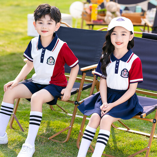 童然幼儿园园服夏季新款小学生校服班服六一表演服棉质运动英伦风套装 6623红白女生套装 150 码
