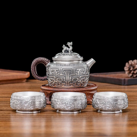 Guiyintang Pot de plata hecha a mano plata esterlina 999 tetera ceremonia de té doméstico kung fu set de té feria taza de té una olla cuatro taza una taza común 695 g + certificado + 0m