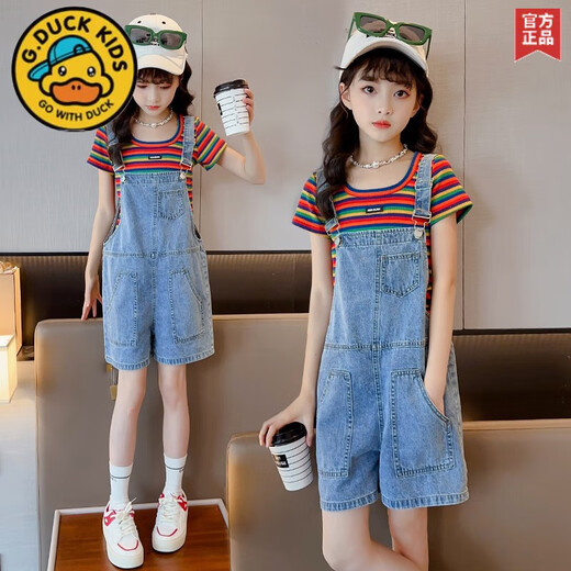 G. DUCKKIDS女童套装夏装洋气儿童大童短袖牛仔背带裤女孩韩版夏季薄款两件套 彩虹T恤+牛仔背带短裤 套装 170 cm