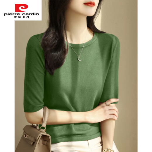 皮尔卡丹（pierre cardin）薄款一字夏季款圆领百搭宽松打底法式针织上衣针织衫五分中袖修身 黑色 854#中袖 针织衫 S 80-100斤穿