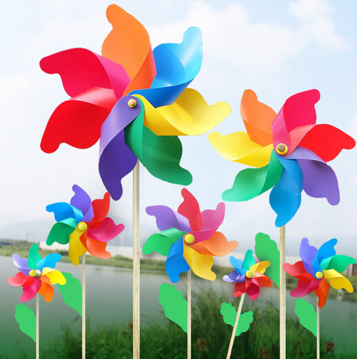 Decoración de viento de madera tradicional Decoración al aire libre Decoración de dos pisos Toyes para niños Actividad del campus Big Windmill Colorful Windmill de 32 cm con 50 cm de poste de madera