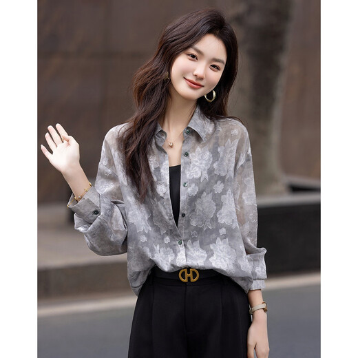 Demana Time Mirror Flower Autumn textured lapel burnt flower shirt art blooming loose comfortable shirt women's top