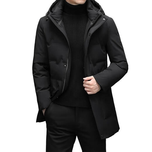 Lilang men's mid-length suit men's winter 90 white duck down business casual hooded thickened warm jacket Black 1355 L 175 Suggestions [120-140Jin [Jin equals 0.5 kg]]