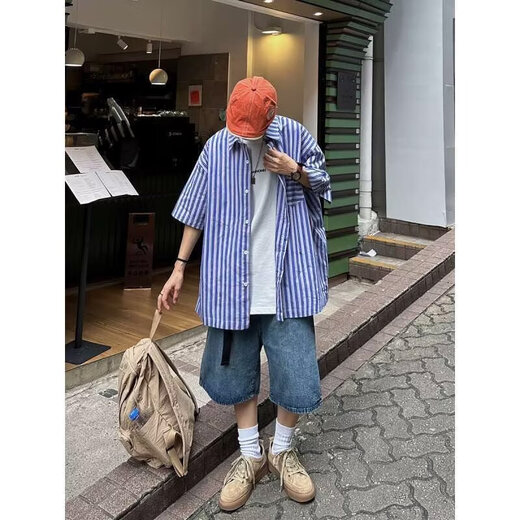 GANGPU TENDY ANTIGUO ANTIGUOS PROTISES DE DEJOS DE PARTIR PARA HOMBRES Y MUJER 2025 Summer Nuevo pantalones recortados Versátiles Harlan Mid Pants sueltos Azul 2xl