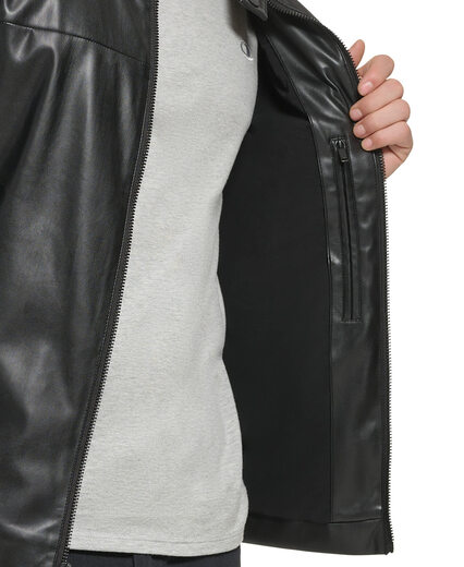 DKNY Men's Faux Laether Modern Racing Jacket Black Smooth Lamb XX-Large