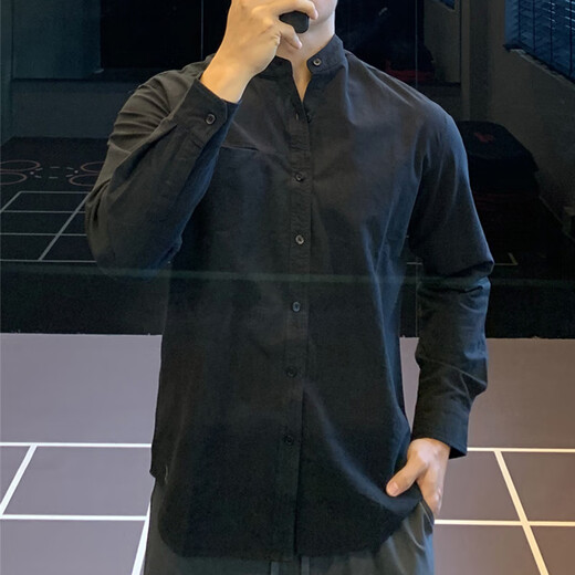 IRONTRAP urban commuting Japanese retro Henry collar cotton shirt long-sleeved T-shirt men's shirt casual bottoming autumn and winter black one size 2XL