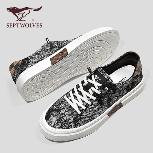 Sieben Wolf-Herrenschuhe für Sommer neue trendige und vielseitige klassische Brettschuhe für Herren-Soft Sohle, nicht rutschernde atmungsaktive, mit einem Beinen eingestellte Leinwandschuhe für Männer schwarz [Standard Lederschuhgröße] 41 (255 mm)