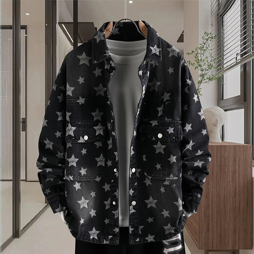 Veste en jean gtyuwvg pour garçons 2025 printemps et automne de la chemise adolescente nouveau style junior et lycée de mode masculine Top 16819 Black Letters XL (115-130jin [Jin est égal à environ 0,5 kg]))