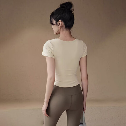 邦帛世瑜伽服女瑜伽服套装春夏运动短袖修身显瘦跑步普拉提训练健身套装 象牙白短袖+可可色长裤（L）