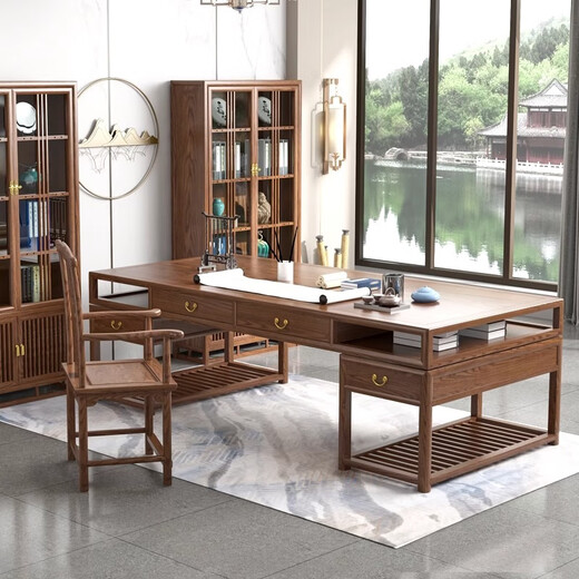 Ningqiu Luoge New Chinese Style Executive Desk Old Elm Furniture Solid Wood Desk Zen Calligraphy Table Painting Case Simple Painting Desk Writing Desk Desk + Chair 200*100*80