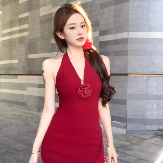 Glühen-in-the-Gloss-Nackenkleid für Frauen im Sommer schlanker Kleid für Frauen, reine hüftrüttende und geschlitzte Hüftrock, sexy V-Neck-Rock, halber Hüftrock [rot L] 110-120jin [Jin gleich 0,5 kg]