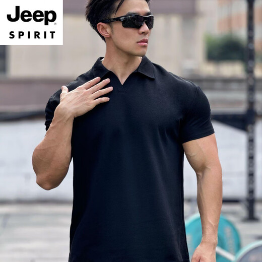 Jeep Spirit Summer Punfs para mostrar el cuerpo de la camiseta de manga corta Polo de la hombrera para hombres. Camisa Henry Camisa Sports para hombres y entrenamiento de fitness casual Negro [Turning* Collar] M [55kg-65kg]