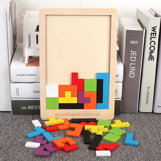 Yuan Family Holzpuzzle Kognitive Brettspielzeug Holzbriefe Geometrische Grafikbaustein Handgabetafel Holz Tetris 28*18 cm
