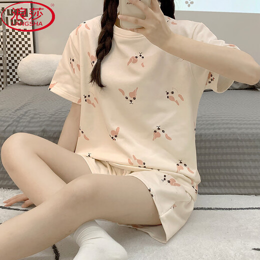 浪莎（LangSha）夏季女睡衣新款棉质夏天2025ins卡通印花圆领套头短袖爆款可外穿 1048紫兔 L (适合95-110斤)