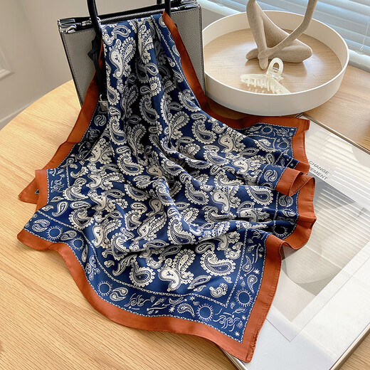 
Miao Yijia silk scarf for women, small square scarf tie neck high-end Korean scarf thin retro scarf tie summer temperament simple retro Korean navy brown edge square scarf