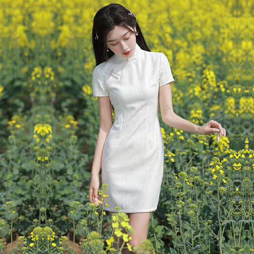 白色蕾丝短款改良旗袍新款2025年轻款女复古日常小个子连衣裙夏季 12799纹理米 XL