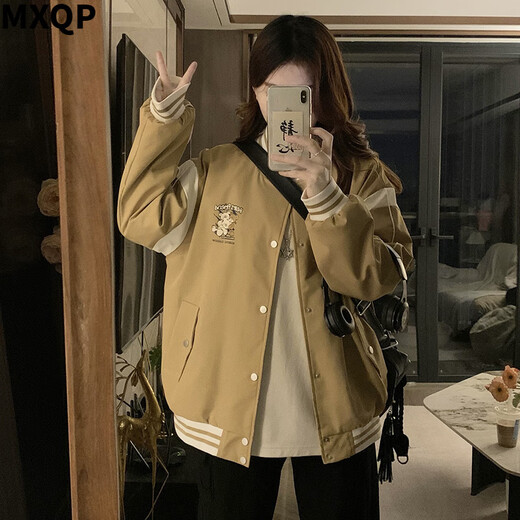 MXQP学院风棒球服外套女春秋季新款宽松休闲拼接撞色设计感立领上衣潮 1047粉色 L 【110-120斤】