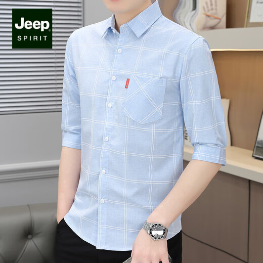 JEEP SPIRIT夏季七分袖衬衫男士韩版修身轻商务帅气休闲寸衫薄款透气中袖衬衣 Q847蓝色 2XL 134-147斤