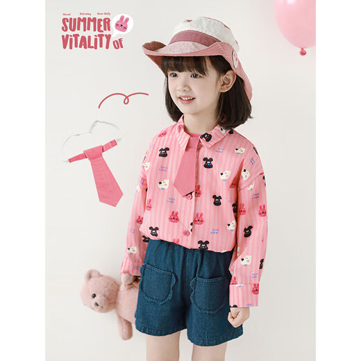 YouYou Girls Linte Pet Park Series 2025 Summer Simple Lapa Shirts Retro Denim Set Multi-Piece Shorts Camiseta Pink (x4859) 90 cm