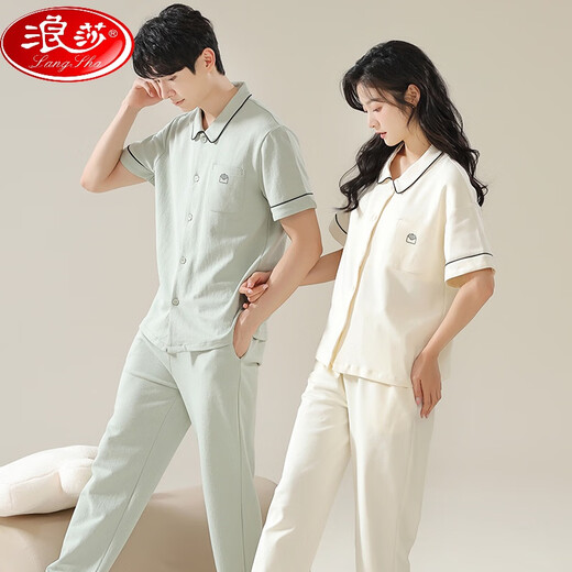 
LangSha couple pajamas women's 2025 new spring pure cotton short-sleeved men's cotton large-size summer home clothing set NSN12503 women 12603 men M women + men's L