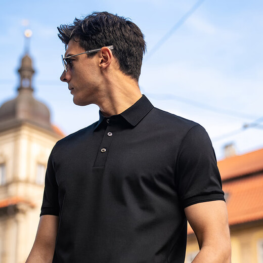 Mr. BU Collier breveté Bouton à trois broches exquis Business Polo Men's Men's Summer-Absorbing and Breathable Color Color à manches courtes AT12161 Piano Black L (175)