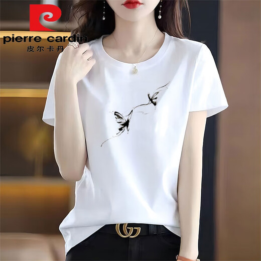 Pierre Cardin (pierre cardin) pure cotton national style white t-shirt women's short-sleeved loose simple versatile ink print summer 2025 new top trend 6193 leather pink short/sleeve this year's popular light luxury product M (recommended 80-105Jin Jin equals 0.5 kg)